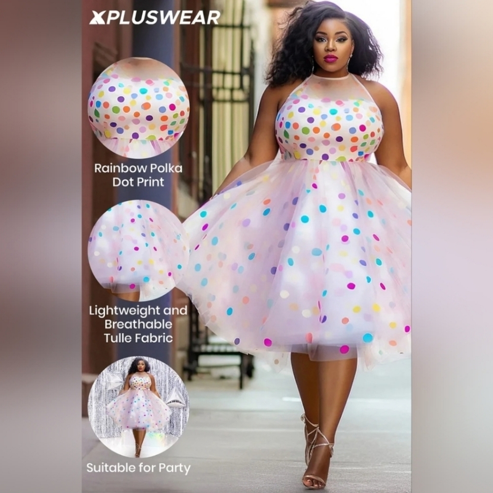 ISO  Xpluswear Plus Size Party Pink Polka Dot Tulle Midi Dress 3X (22/24)